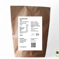 abgepackte gelbe Linsen in brauner Verpackung mit Nährwertangaben