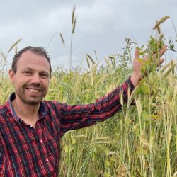 Unser Bio-Landwirt Janusz Hradetzky auf dem Getreidefeld kniend neben dem Hafer Sorte Heidegold