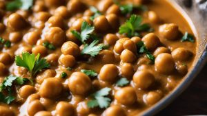 Nahaufnahme Kichererbsen Curry mit frischem Kurkuma in Steingutteller