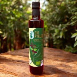 Bio Olivenöl Kyklos 0,5l von vorne auf Holztisch vor Olivenhain im Hintergrund