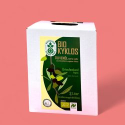 Bio Olivenöl Kyklos 3 l Kanister von vorne vor rosa Hintergrund