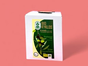 Bio Olivenöl Kyklos 3 l Kanister von vorne vor rosa Hintergrund