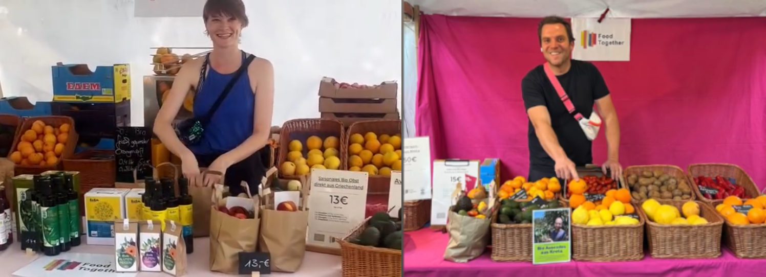 Impressionen freundlicher Verkäufer:innen an Marktständen mit Obstkisten und anderen Öko-Produkten